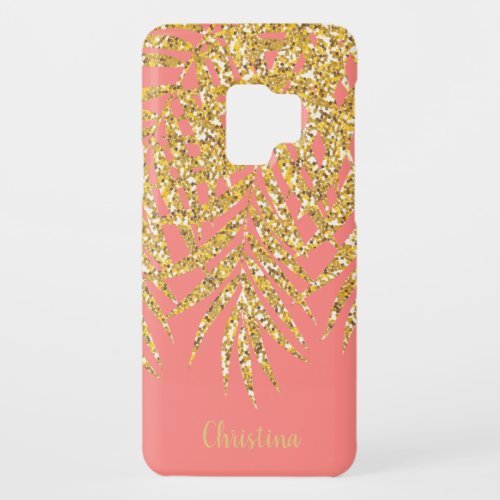 Palm Fronds Gold Glitter Personalized Name Coral Case_Mate Samsung Galaxy S9 Case