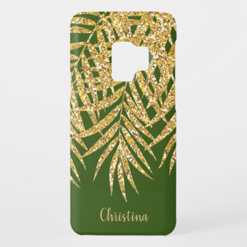 Palm Fronds Gold Glitter Personalized Name Green Case_Mate Samsung Galaxy S9 Case