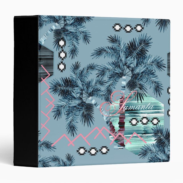 Palm Hawaiian blue black monogram personalized 3 Ring Binder (Front/Spine)