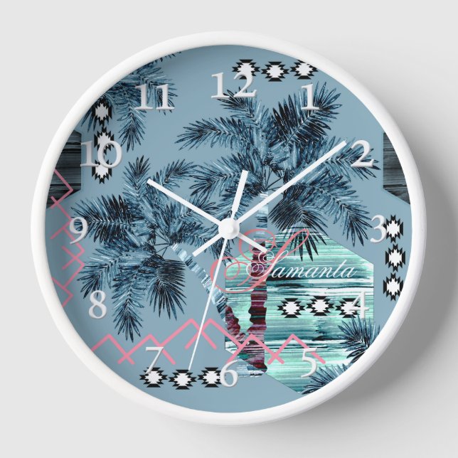 Palm Hawaiian blue black monogram personalized Clock (Front)
