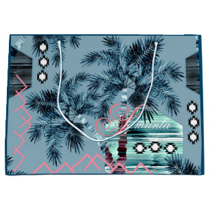 Palm Hawaiian blue black monogram personalized Large Gift Bag