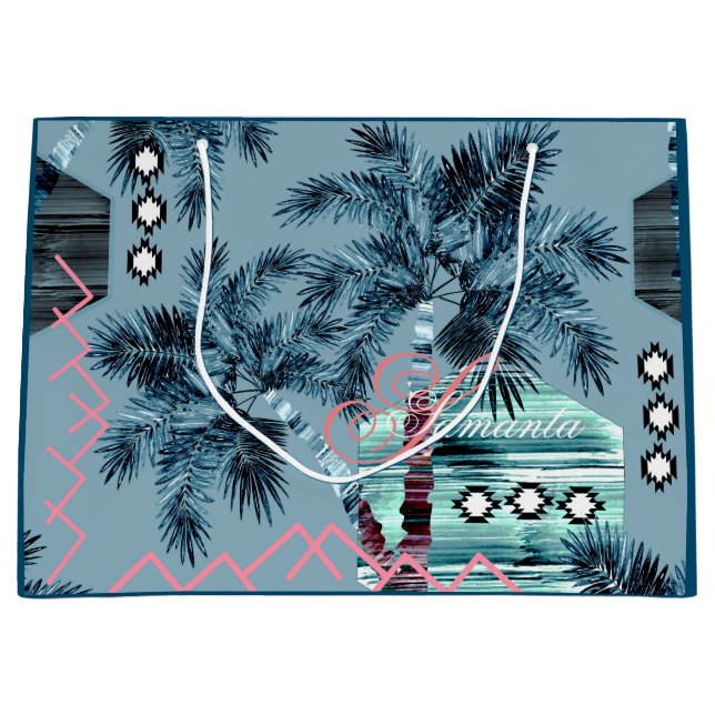 Palm Hawaiian blue black monogram personalized Large Gift Bag (Front)