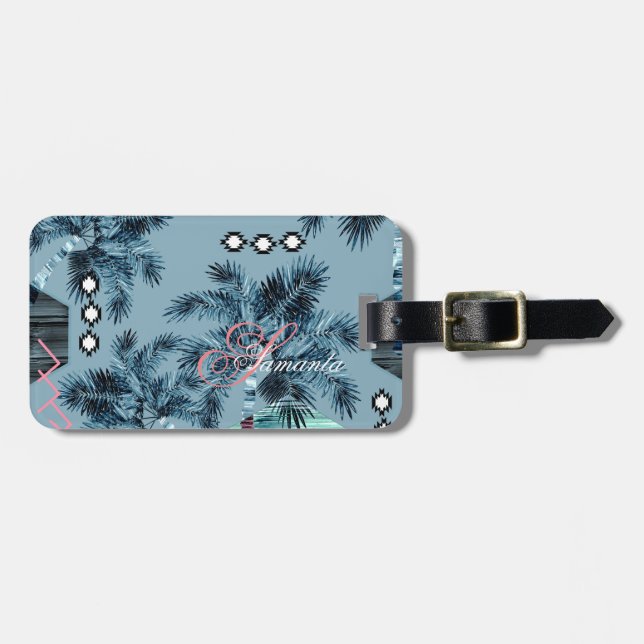 Palm Hawaiian blue black monogram personalized Luggage Tag (Front Horizontal)