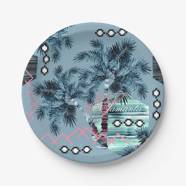 Palm Hawaiian blue black monogram personalized Paper Plates (Front)
