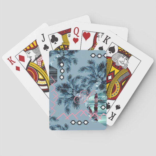Palm Hawaiian blue black monogram personalized Poker Cards (Back)