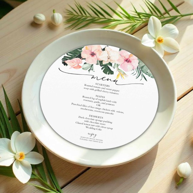 Palm Hibiscus Tropical Bridal Shower Menu Card (Creator Uploaded)