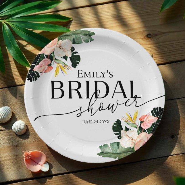 Palm Hibiscus Tropical Floral Bridal Shower Paper Plates (Creator Uploaded)
