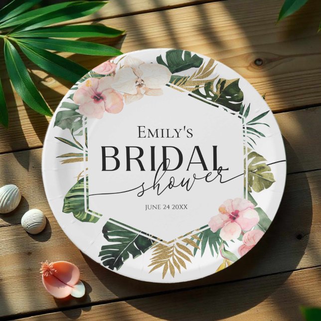 Palm Hibiscus Tropical Floral Bridal Shower Paper Plates (Creator Uploaded)