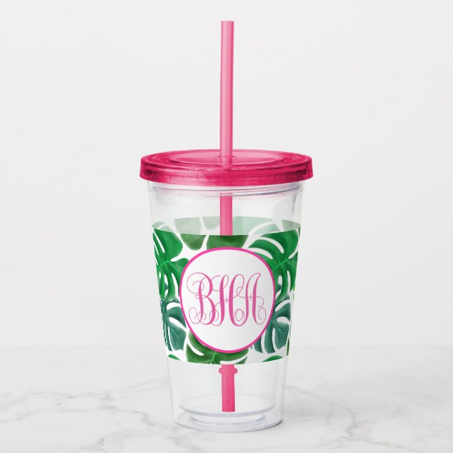 Palm Leaf and Monogram Acrylic Tumbler (Front)