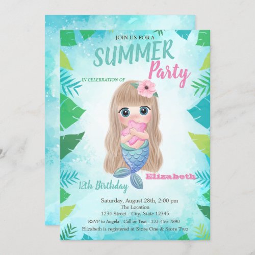 Palm LeafBaby Mermaid Birthday Party Invitation