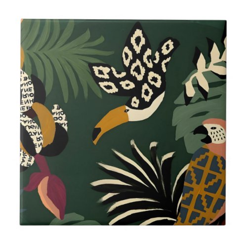 palm leaf bird on tree branch art tiles