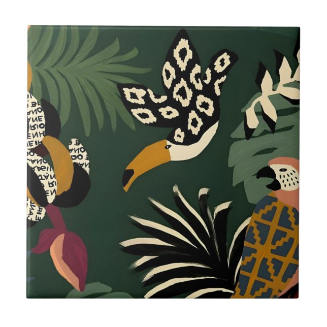 palm leaf bird on tree branch art tiles (Front)