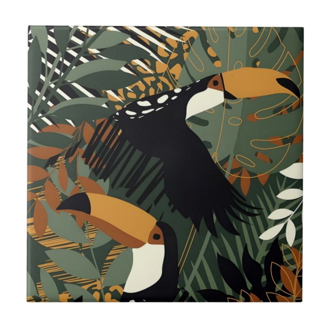 palm leaf bird on tree branch tiles (Front)