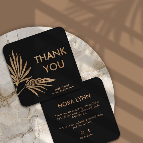 Palm Leaf Black and Gold Thank You  Square Business Card