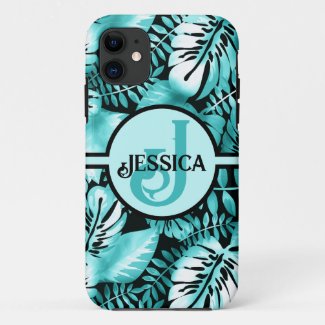Palm Leaf Black and Teal Tropical Monogram