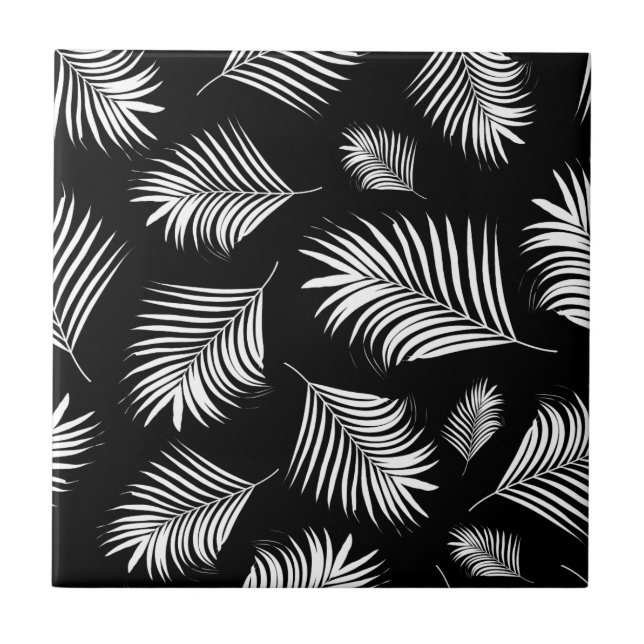Palm Leaf Black White Tropical Pattern Ceramic Tile (Front)
