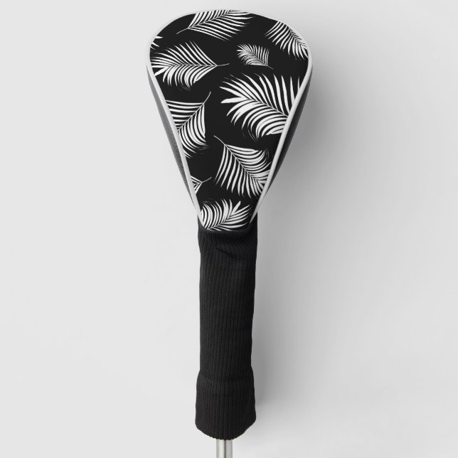 Palm Leaf Black White Tropical Pattern Golf Head Cover (Front)