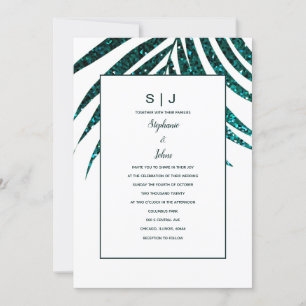 Palm Leaf Blue Green Glitter Tropical Wedding Invitation