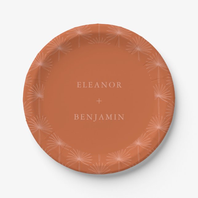 Palm Leaf Botanical Burnt Orange Custom Wedding Paper Plates (Front)