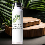 Palm Leaf Calligraphy Bridesmaid Water Bottle<br><div class="desc">Bridal party gift to personalize for your bridesmaid - or anyone in your wedding party. Bridesmaid is lettered in swirly handwritten calligraphy and, you can easily switch this to a different role, by entering the design tool. The design features a watercolor tropical palm leaf which is also used in the...</div>