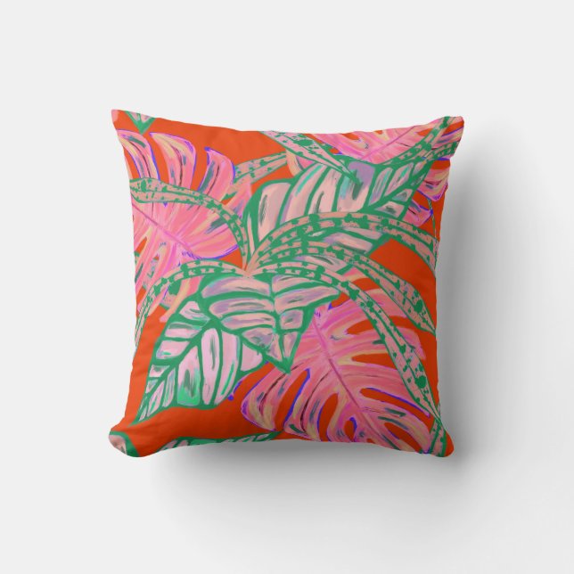 Palm leaf coleus monstera tropical red hawaiin  throw pillow (Front)