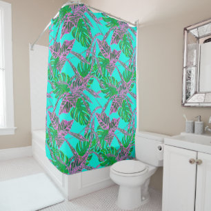 Palm leaf coleus tropical blue pink green shower curtain