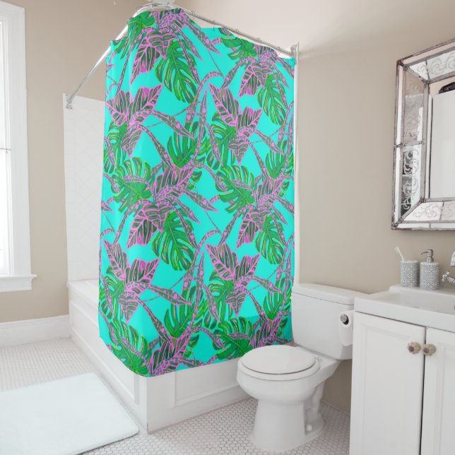 Palm leaf coleus tropical  blue pink green  shower curtain (In Situ)
