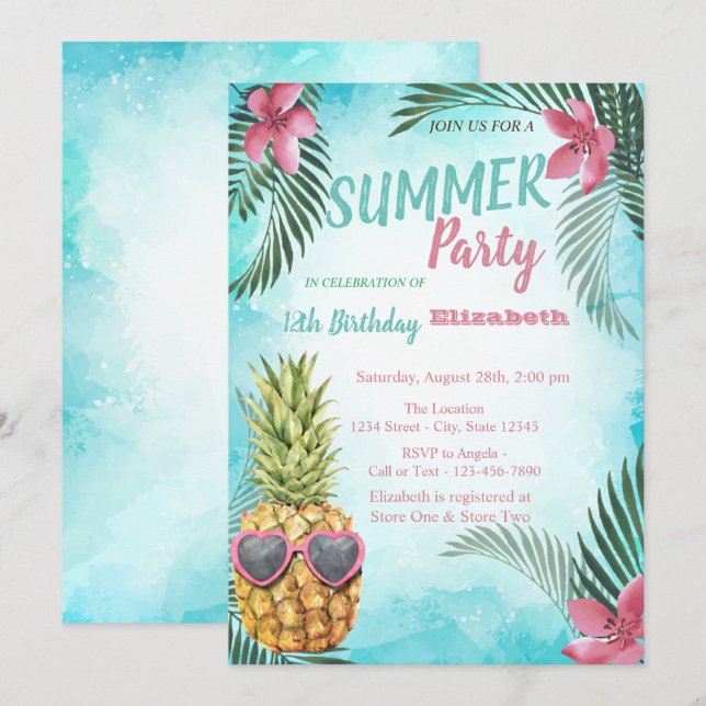 Palm Leaf,Cool Pineapple Birthday Party  Invitation (Front/Back)
