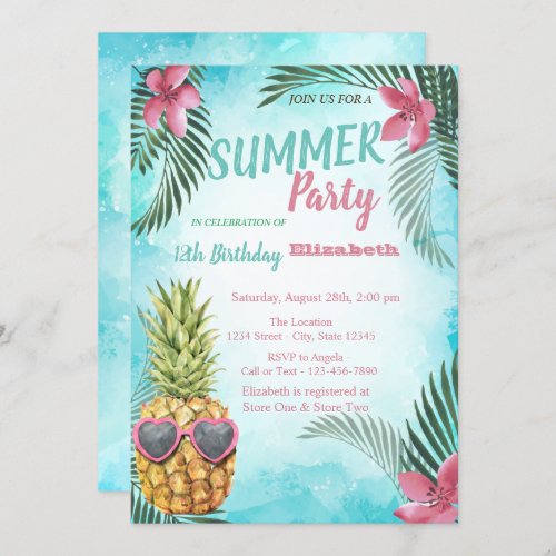 Palm LeafCool Pineapple Birthday Party  Invitation