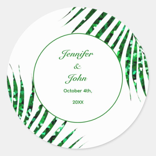Palm Leaf Emerald Green Glitter Tropical Wedding Classic Round Sticker