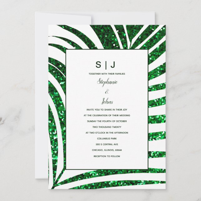 Palm Leaf Emerald Green Glitter Tropical Wedding Invitation (Front)