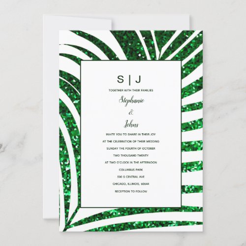 Palm Leaf Emerald Green Glitter Tropical Wedding Invitation