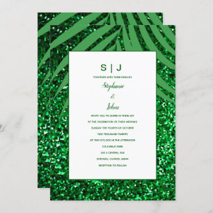 Palm Leaf Emerald Green Glitter Tropical Wedding Invitation