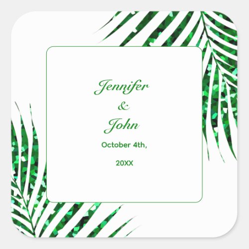 Palm Leaf Emerald Green Glitter Tropical Wedding Square Sticker