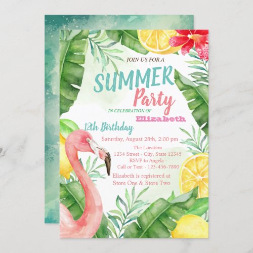 Palm LeafFlamingo Pool Birthday Party  Invitation