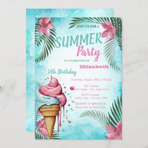 Palm Leaf FlowersDripping Ice cream Birthday Invitation