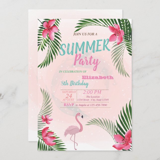 Palm Leaf, Flowers,Flamingo  Birthday Party Invitation (Front/Back)