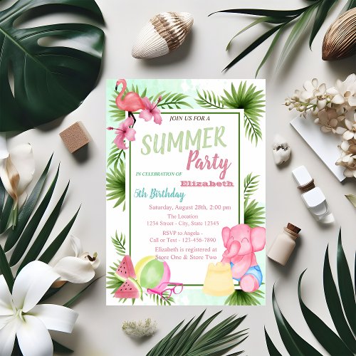 Palm Leaf FlowersFlamingoWatermelon Birthday  Invitation