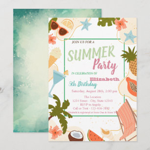 Palm Leaf, Flowers,Fruits Summer Birthday   Invitation