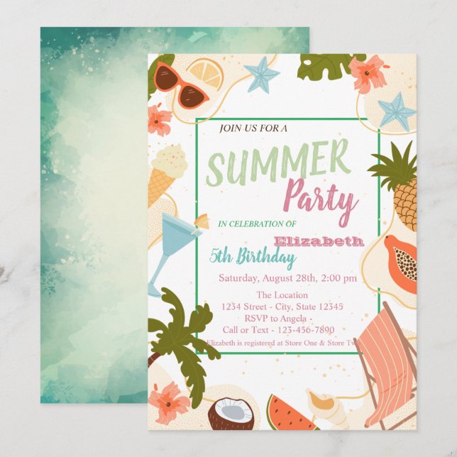 Palm Leaf, Flowers,Fruits Summer Birthday   Invitation (Front/Back)