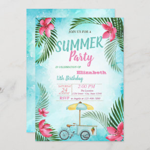 Palm Leaf,Flowers,Ice cream Bike Birthday Party Invitation