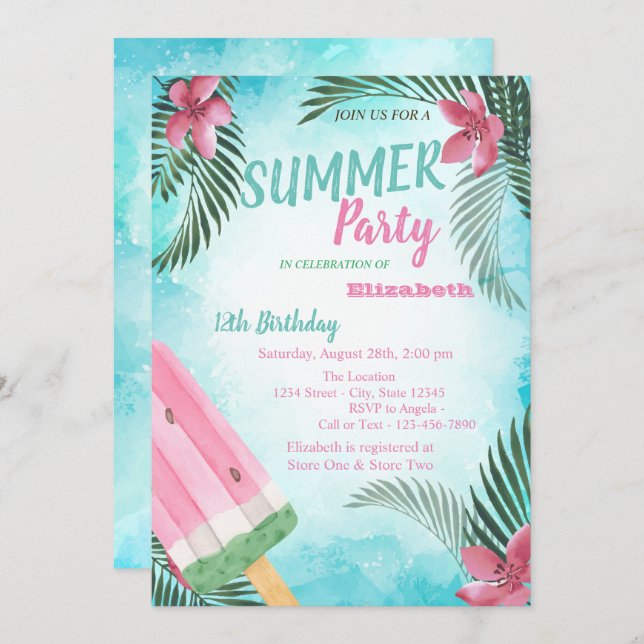 Palm Leaf, Flowers,Ice cream Birthday Party  Invitation (Front/Back)