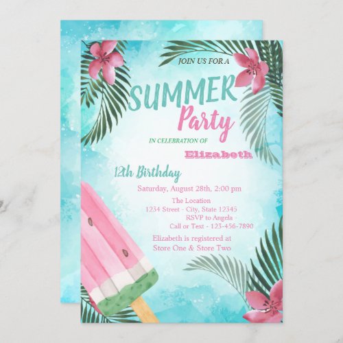 Palm Leaf FlowersIce cream Birthday Party  Invitation