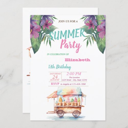 Palm Leaf Flowers Ice Creams Birthday Party Invitation