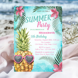 Palm Leaf, Flowers,Pineapple Birthday Party Invitation