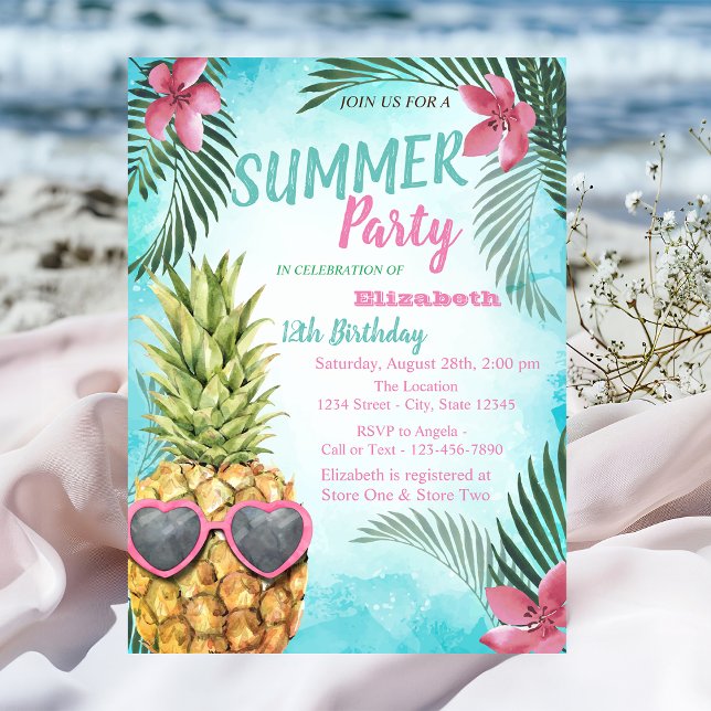 Palm Leaf, Flowers,Pineapple Birthday Party  Invitation (Creator Uploaded)