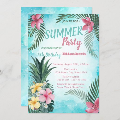 Palm Leaf Flowers Pineapple Birthday Party Invitation