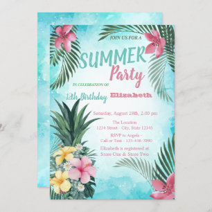 Palm Leaf, Flowers Pineapple Birthday Party Invitation
