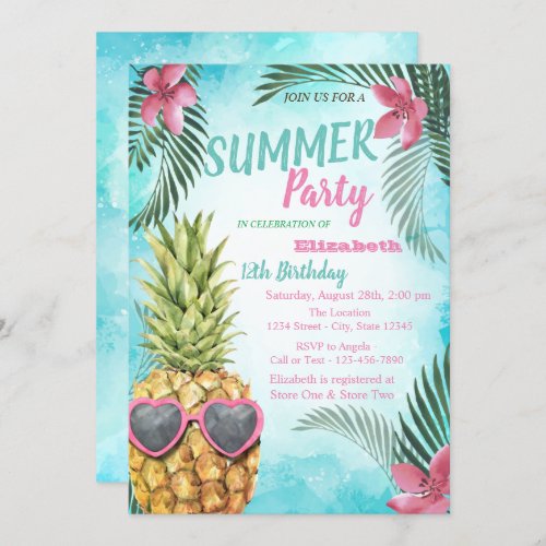 Palm Leaf FlowersPineapple Birthday Party  Invitation