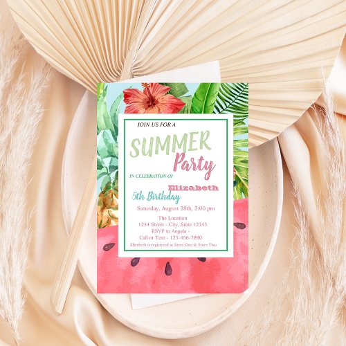 Palm Leaf FlowersWatermelonPineapple Birthday   Invitation